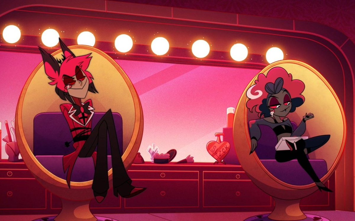 MelleDraws's tweet image. I love how the entire fandom collectively agree that Velvette and Alastor could be gossip besties🤭
