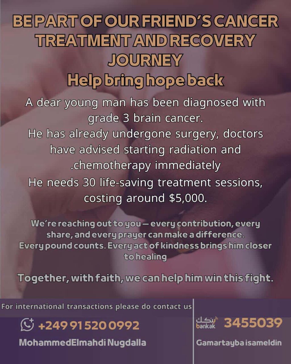 يدكم معانا يا شباب لانقاذ حياة شاب مريض 🙌🏾
تبرعات، شير، اي حاجة بتقدروا عليها 😭

#KeepEyesOnSudan