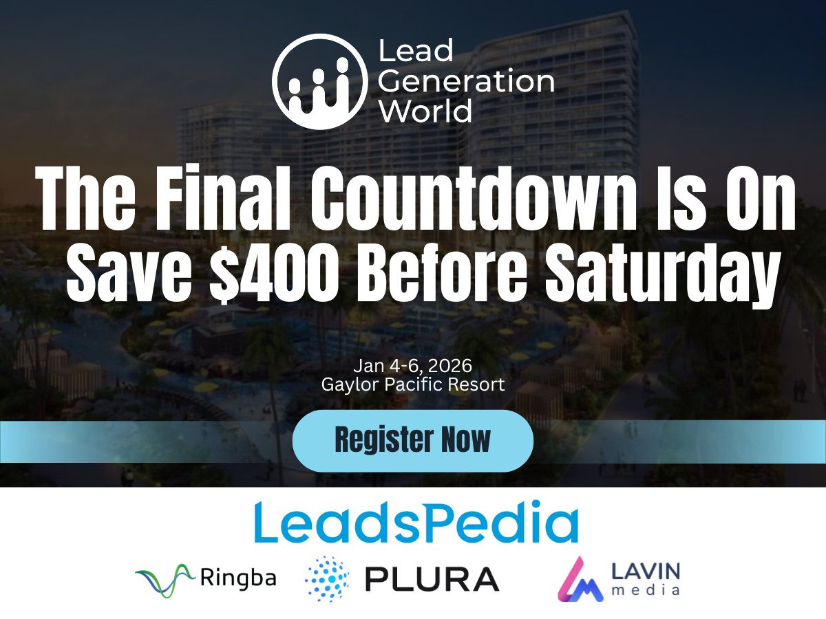 LeadGenerationW's tweet image. 48 hours left! Don’t miss your chance to save $400 on your #LeadGenerationWorld 2026 pass.

Join 1,000+ marketers &amp;amp; lead buyers in San Diego Jan 4–6. Prices go up Saturday!

👉 Register now: LeadGenerationWorld.com