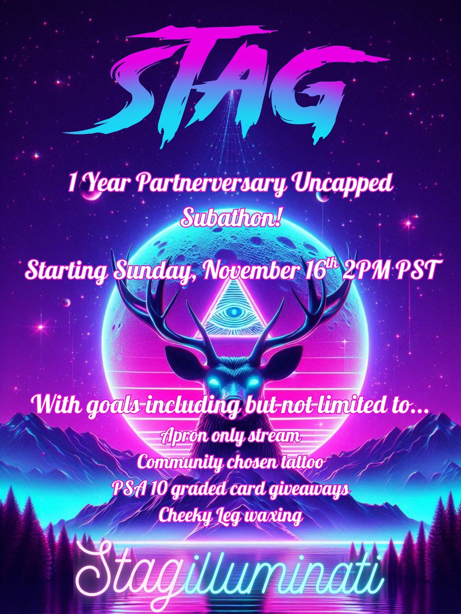StagKinghimself's tweet image. Starting my first every uncapped Subathon this Sunday to celebrate 1 year of being a Twitch Partner.  Hope to see y'all there! #stagilluminati #twitchpartner #subathon #partnerversary #celebration