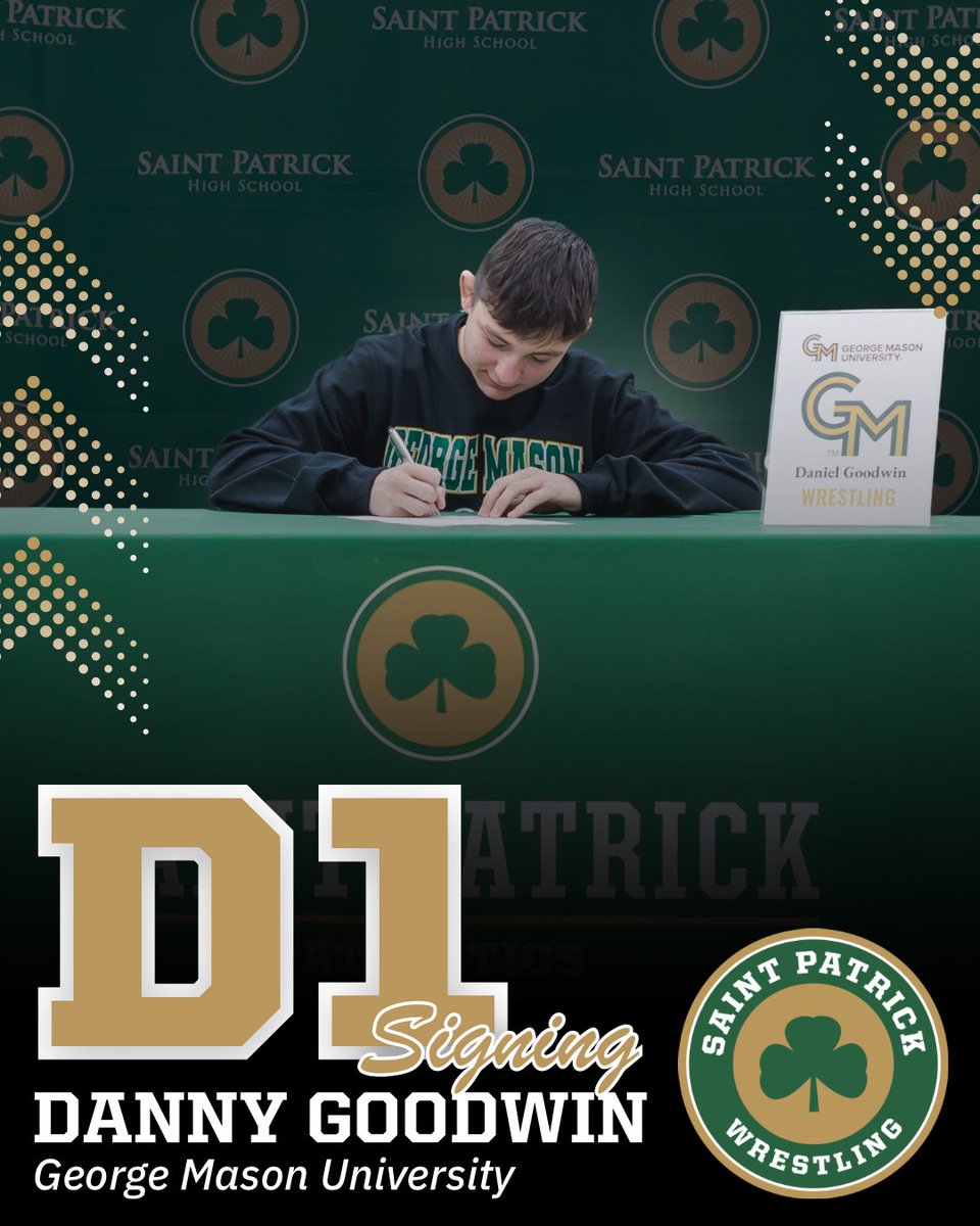 SPHSRocks's tweet image. Danny Goodwin ‘26 officially signed his National Letter of Intent to wrestle at the Division I level at George Mason University today.

Danny’s determination and commitment have left a lasting mark on Saint Patrick Wrestling, and we couldn’t be prouder.

Way to go, Danny!☘️💪
