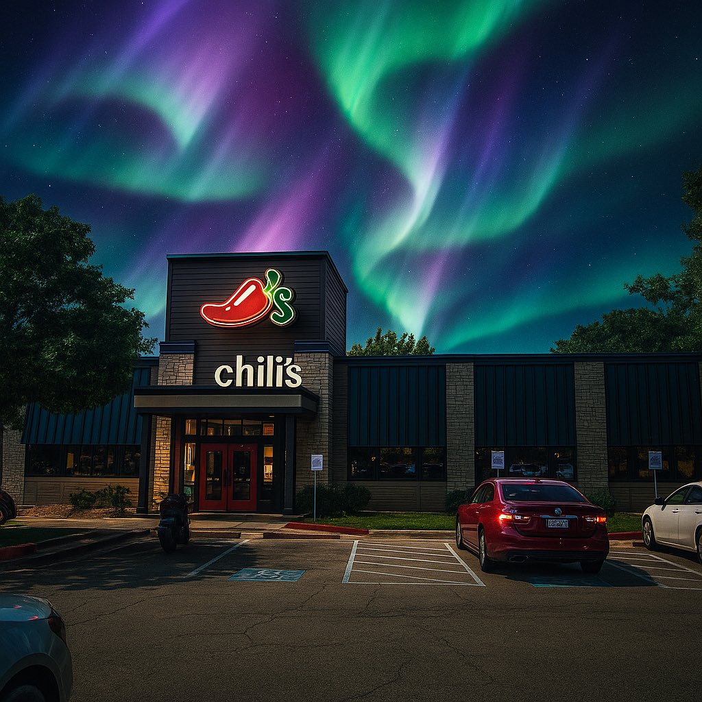 mkelly007's tweet image. Scientists are stunned. Turns out the best spot to see the aurora borealis tonight isn’t Iceland, Norway, or Alaska. It’s the Chili’s at 45th and Lamar. Of course it is. Every Chili’s is the same, but this one is ours, and apparently it controls the sky.