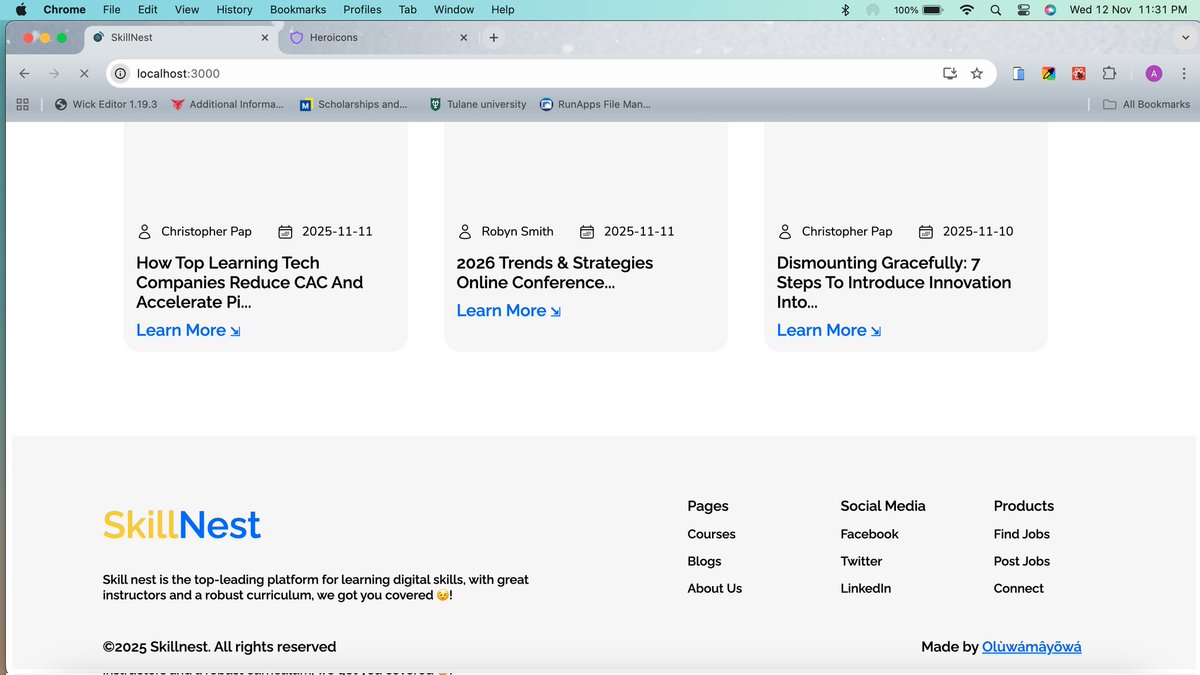 build_pixels's tweet image. PROGRESS UPDATE ☄️🔥
Day 1 of #50DaysOfCode
I&apos;m still building Skillnest, I redesigned the footer and added a feature that saves the blog to local storage(I used ChatGPT when I ran into errors 🤧😓)
And I&apos;m working on the responsiveness of the Home page
Y&apos;all wait I&apos;m cooking 😉