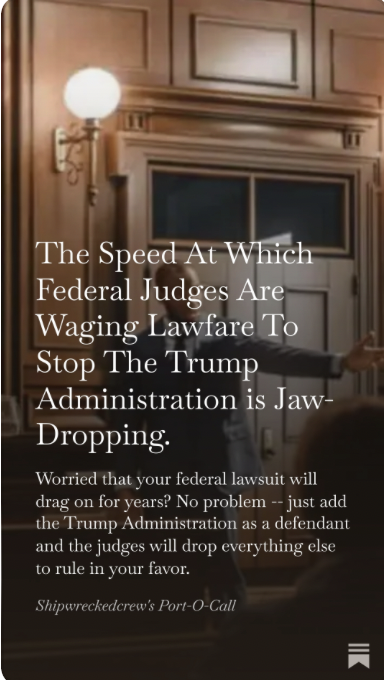 This article is free to all -- no paywall.  It first ran yesterday in RedState, but not everybody sees everything all at one in just one place, so I'm posting it here too.  

Lawfare at Warp Speed.

RPs greatly appreciated. 

open.substack.com/pub/shipwrecke…