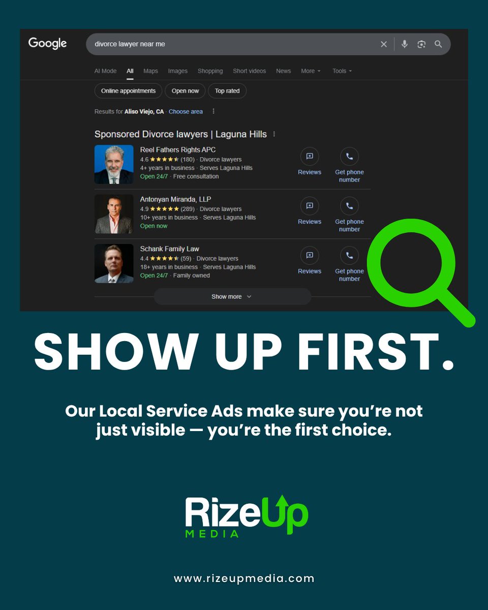 rizeupmedia's tweet image. When potential clients search for a lawyer nearby, your firm should lead the results. Our Local Service Ads make sure you’re not just visible — you’re the first choice. See what’s possible: rizeupmedia.com/local-service-…  #LocalSearch #AttorneyVisibility #LegalMarketing