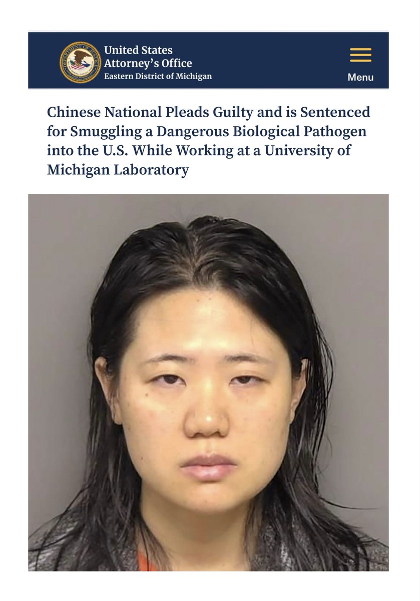 Byron_Wan's tweet image. Nov 12: 🇨🇳 national + 🇨🇳 CCP member + University of Michigan postdoctoral fellow Yunqing Jian (蹇韵晴) pleaded guilty to charges of smuggling a biological pathogen into the US and then lying to FBI agents about it, and was sentenced to time-served. She will be released and…