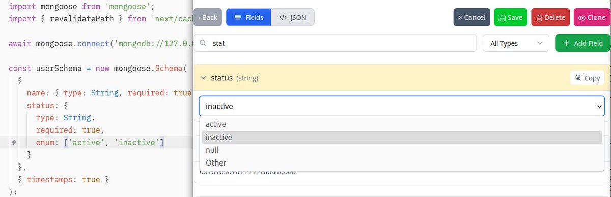 code_barbarian's tweet image. Mongoose Studio 0.1.3 includes a feature I’ve wanted for years: enums are now rendered as dropdowns.

Your Mongoose schemas already define enums, it&apos;s about time your GUI knew about them

Little things, big quality-of-life wins