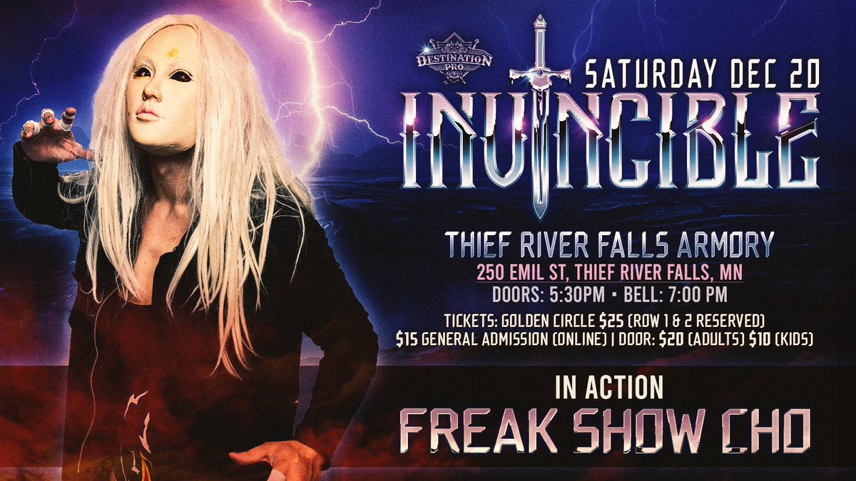 ⚔️ Invational Entrant #4 ⚔️ 

"Freakshow"
     Cho 

-  Freakshow  Cho looks to bring his unorthodox brilliance for violence into his first Destination invitational and take home the Trophy! 

Get your 🎟 here 👉:
tinyurl.com/DPWInvincible