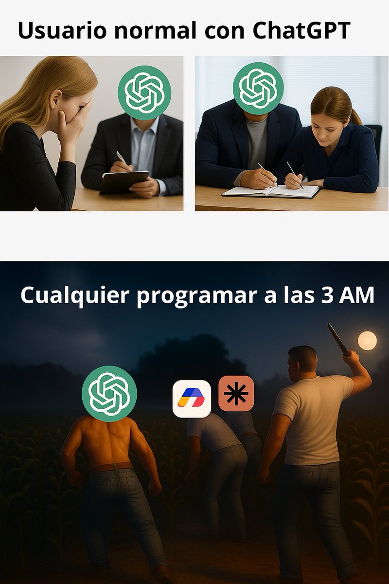 leandryrp's tweet image. Los usuarios normales usando ChatGPT durante el día: paz, calma, productividad.

Los programadores a las 3 AM:
ChatGPT, Copilot y Zapier intentando salvar un proyecto que ni debería existir.
😂🌙💻 #Programador #ChatGPT #MemeDev #3AMCoding