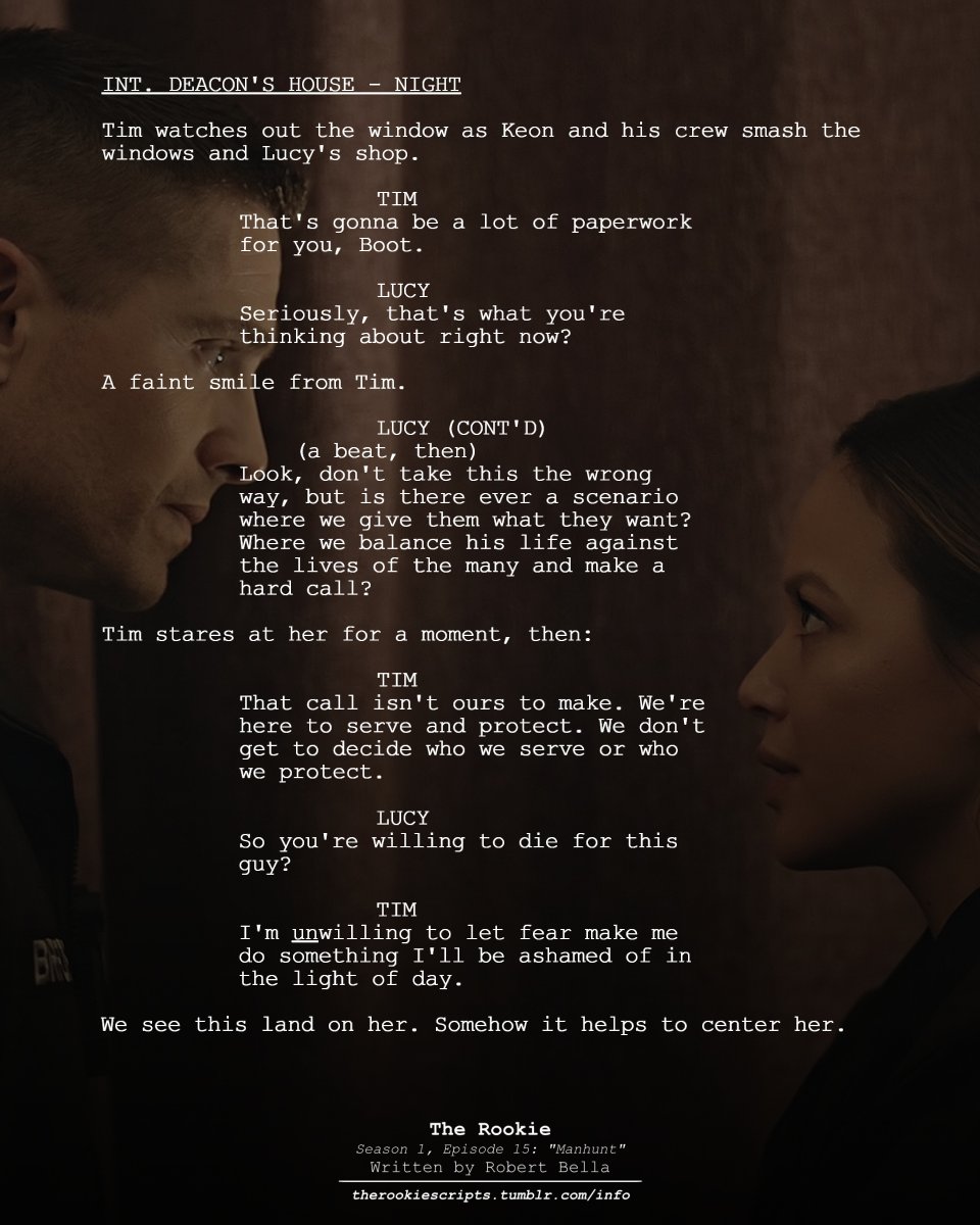 rookie_scripts's tweet image. Tim helps center Lucy. (As Seen)

— THE ROOKIE
Season 1, Episode 15: “Manhunt”
Written by Robert Bella

#TheRookie #TheRookieScripts
