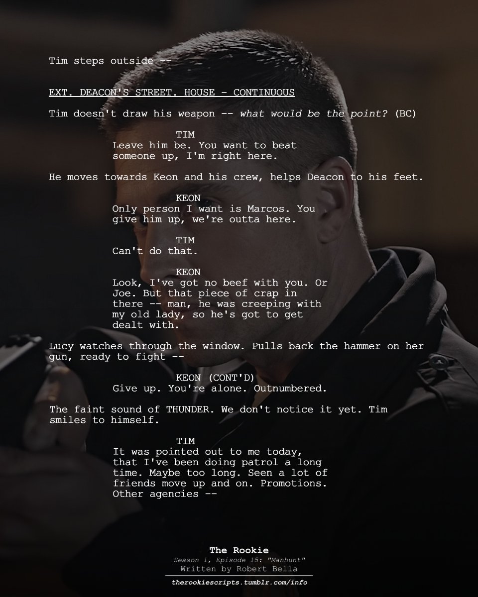 rookie_scripts's tweet image. Tim is never alone in the LAPD. (As Seen)

— THE ROOKIE
Season 1, Episode 15: “Manhunt”
Written by Robert Bella

#TheRookie #TheRookieScripts