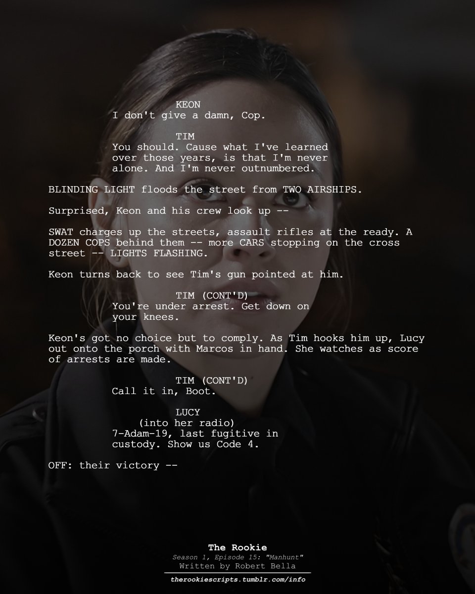 rookie_scripts's tweet image. Tim is never alone in the LAPD. (As Seen)

— THE ROOKIE
Season 1, Episode 15: “Manhunt”
Written by Robert Bella

#TheRookie #TheRookieScripts