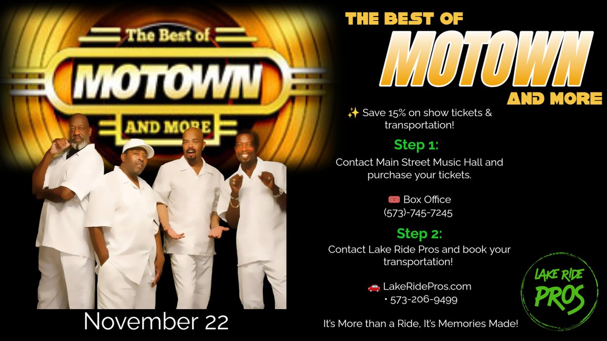 Save 10% on show tickets and transportation for the November 22nd event. 

Contact Main Street Music Hall and Lake Ride Pros to book now!

 #MotownMagic #LiveMusic #EventSpecials