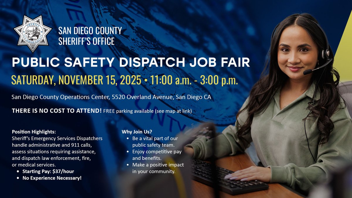 JoinSDSheriff's tweet image. Ready for a rewarding career?
Looking for a well-paying job with benefits?
Want to make a difference in your community?

Come to our Public Safety Dispatch Job Fair!

joinsdsheriff.net/Home/Component…