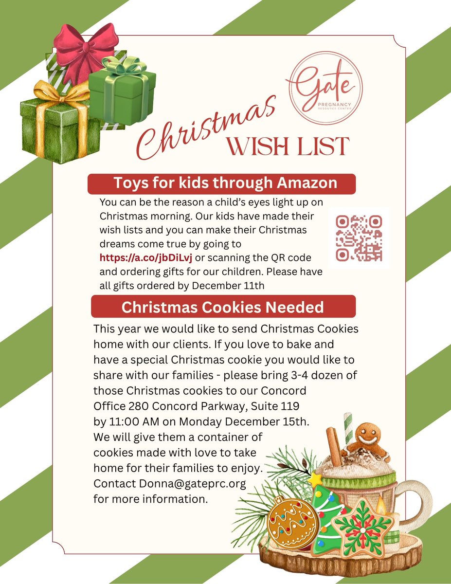 GATEPregnancy's tweet photo. Be part of the joy this Christmas! 🎄 
You can bless families by sending toys from our Amazon Wish List or baking cookies with love.
To help us prepare, please have all gifts in by December 11th and all cookies in by December 15th at 11:00 a.m. https://t.co/Vwfv7hDOsS