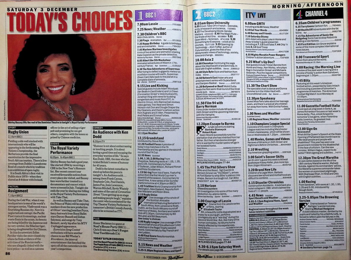 TvDidYouSee's tweet photo. #OnThisDay 3 December 1994 📺TV Listings
At the same time the BBC brings us the ROYAL VARIETY PERFORMANCE with #ShirleyBassey & #TonyBennett, ITV has AN AUDIENCE WITH #KenDodd.
An early start for LATER WITH JOOLS HOLLAND, featuring Sinead O'Connor.
DON'T FORGET YOUR TOOTHBRUSH. https://t.co/6dtiGQ4zre