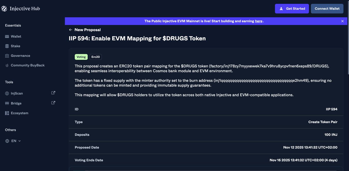 DrugsOnInj's tweet image. History in motion. We are not just vibes!⚡️ $DRUGS just became the first meme on @injective  to submit an on-chain governance proposal, IIP 594: Enable EVM Mapping for $DRUGS Token. Voting is live. 🗳️💊 Make degen history. ⚡