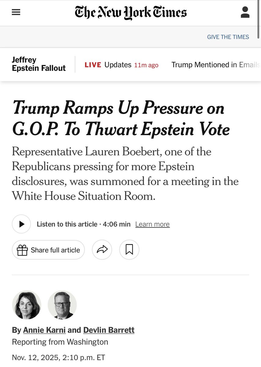 rgoodlaw's tweet image. "Trump and his administration on Wednesday ramped up a pressure campaign on congressional Republicans who are pushing for a full release of the [DOJ] files about ... Epstein...

Top officials met in the White House Situation Room on Wednesday with Representative Lauren Boebert."