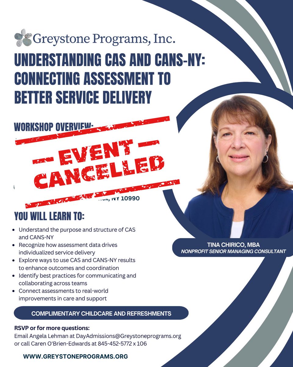 GreystonePrgrms's tweet image. Event Update: Workshop Cancelled

The Understanding CAS and CANS-NY: Connecting Assessment to Better Service Delivery workshop scheduled for November 13 at 199 Kings Highway in Warwick has been cancelled.

#greystoneprograms
