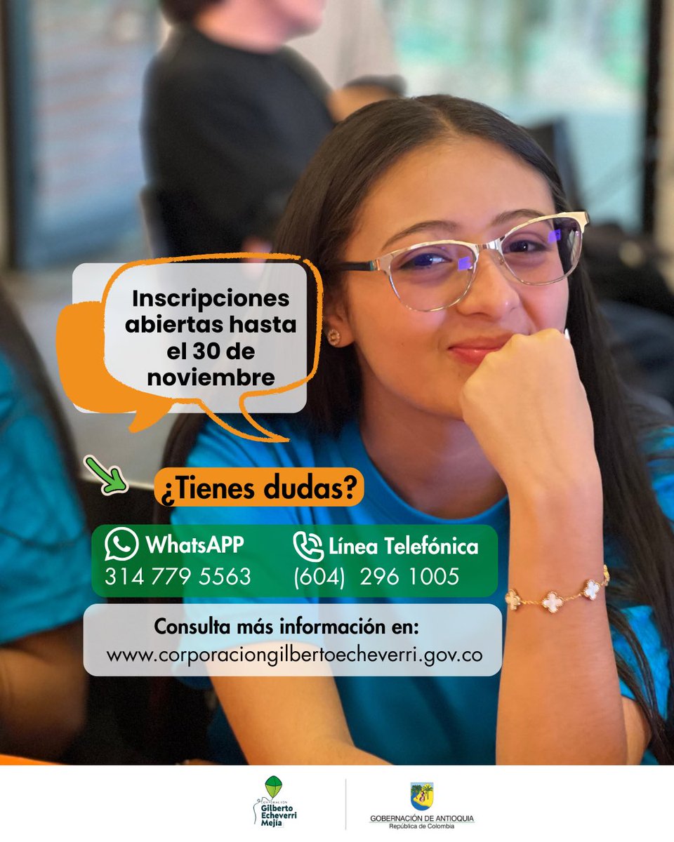 ¡Ya están abiertas las inscripciones a la segunda convocatoria de Becas Jóvenes Pa’lante Antioquia!

🔗 Consulta los requisitos e inscríbete aquí 👉corporaciongilbertoecheverri.gov.co