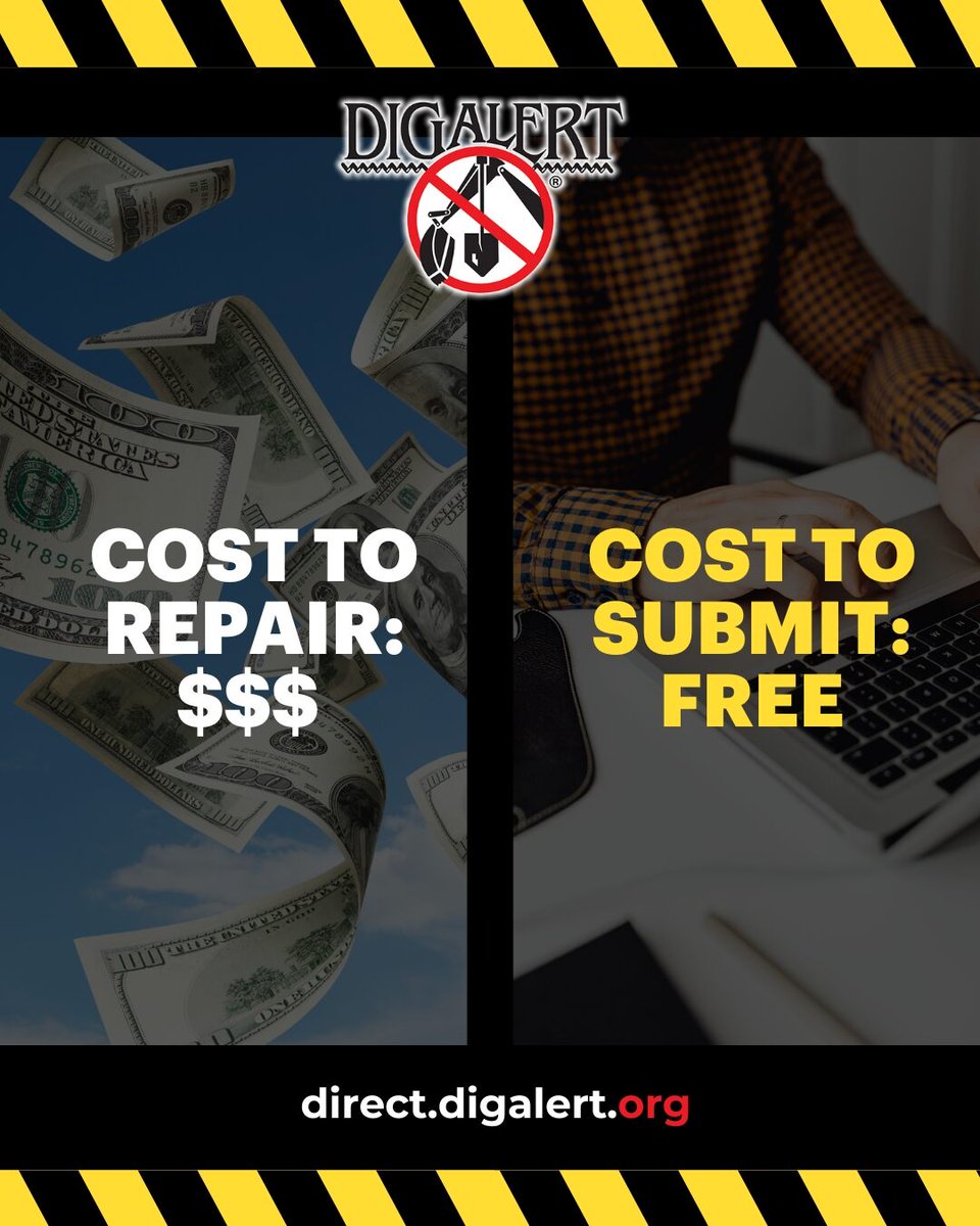 DigAlert's tweet image. One careless dig can cost you thousands.

A DigAlert® ticket? $0.
Submit your FREE ticket before digging: direct.digalert.org 

#SaveMoney #DamagePrevention #811Awareness