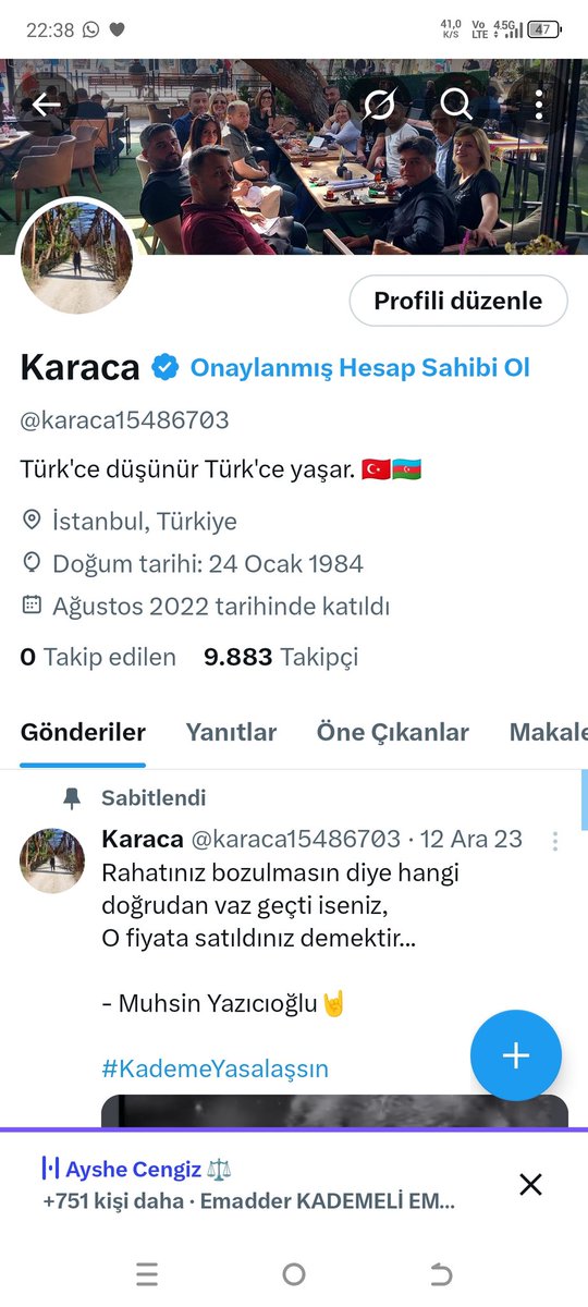 Bu hayatta bir kademeye onay vermeyenlere bir de <a href="/elonmusk/">Elon Musk</a> a gıcık oluyorum, 

İki twet atıyoruz kısıtlama alıyoruz😳
<a href="/EmadDernegi/">EMEKLİLİKTE ADALET DERNEĞİ ⚖️</a>
#KademesizBütçeOlmaz