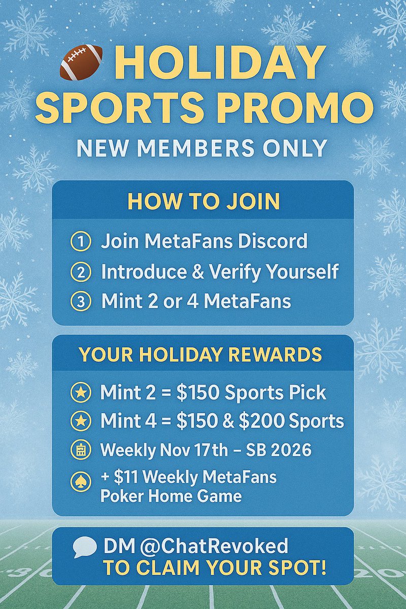 metafansnft's tweet image. 🏈HOLIDAY SPORTS PROMO🏈

🚨New Members Only ⏰Ltd🚨

✅ Mint 2 NFTs → $150 Weekly Pick
✅ Mint 4 NFTs → $150+ $200 Weekly Picks
📅 From Nov 17 → Super Bowl

💰 Over $5,500 in potential winnings!
💎 Unlock Real Sports Action
👉discord.gg/metafans
#NFTs #CryptoCommunity 
👇