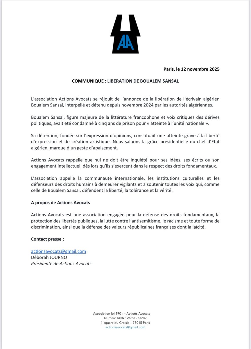 ActionsAvocats's tweet image. L’association Actions Avocats se réjouit de la libération de l’écrivain algérien Boualem Sansal, détenu depuis novembre 2024 pour « atteinte à l’unité nationale ».

#BoualemSansal #LibertéDExpression #DroitsHumains #Justice #Littérature #Algérie