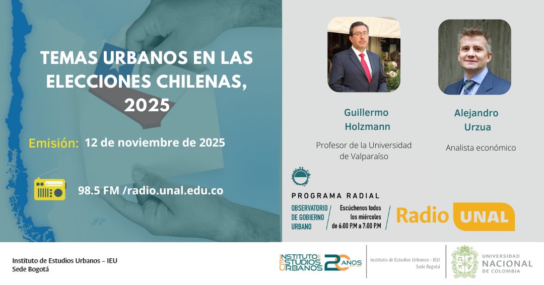 El 16 de noviembre Chile elegirá presidente. ¿Los temas urbanos son parte de la agenda de debate? A este cuestionamiento responden los analistas chilenos <a href="/gmoholzmann/">guillermo holzmann</a> y Alejandro Urzúa, en el @ObservatorioGobiernoUrbano.

Escúchalo hoy a las 6PM por la 98.5 FM Btá, <a href="/RadioUNAL/">Radio UNAL</a>.
