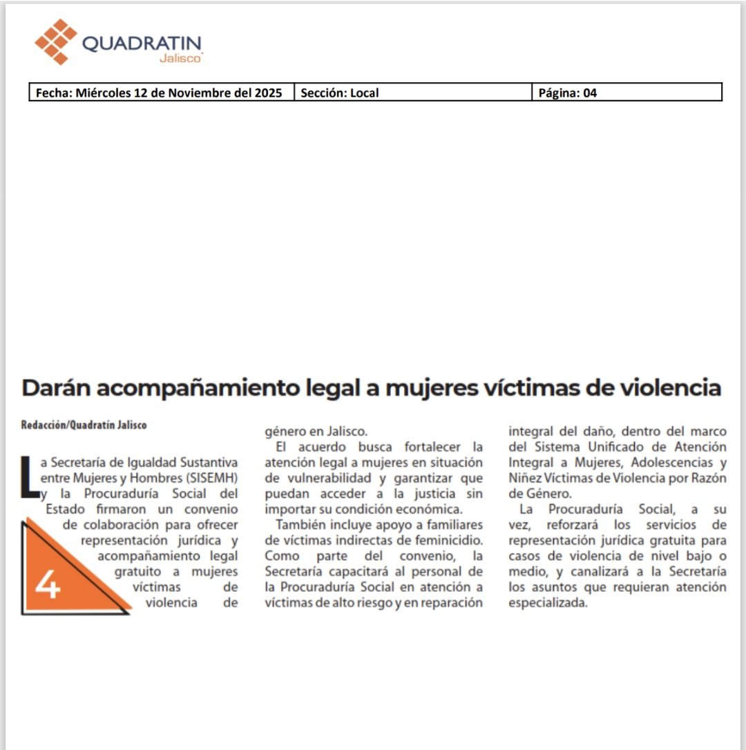 Seguimos sumando alianzas para garantizar que ninguna mujer enfrente sola una situación de violencia en Jalisco. 🤝👩

Aquí les comparto más acerca del convenio de colaboración que hicimos entre la Secretaría de <a href="/IgualdadJalisco/">Sría. Igualdad Sustantiva entre Mujeres y Hombres</a> y la Procuraduría Social.

<a href="/antenanoticias/">Antena Noticias</a>