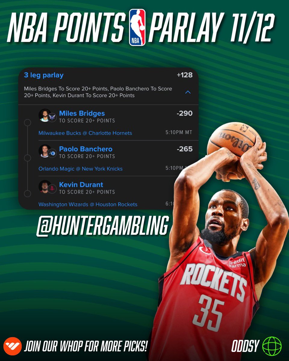 HunterGambling's tweet photo. 🚨Oddsy 11/12 NBA 20+ Points Parlay. Let us know if your tailing! Check out @getoddsy for more picks and analysis! #GamblingX #NBA #Parlay https://t.co/Y4jP9aECso