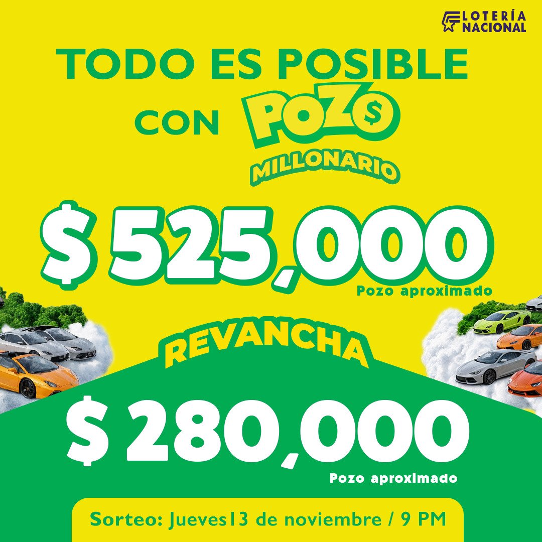 Con POZO todo ES POSIBLE
cuando te atreves a soñar 💪🏽 Por eso el Pozo juega lunes y jueves.
¡para que tengas más oportunidades de ganar! 🏆 Con Pozo Millonario te puedes llevar
$525,000 y con la Revancha participas por $280,000 más. 
Sorteo: MAÑANA  jueves 13 de noviembre.