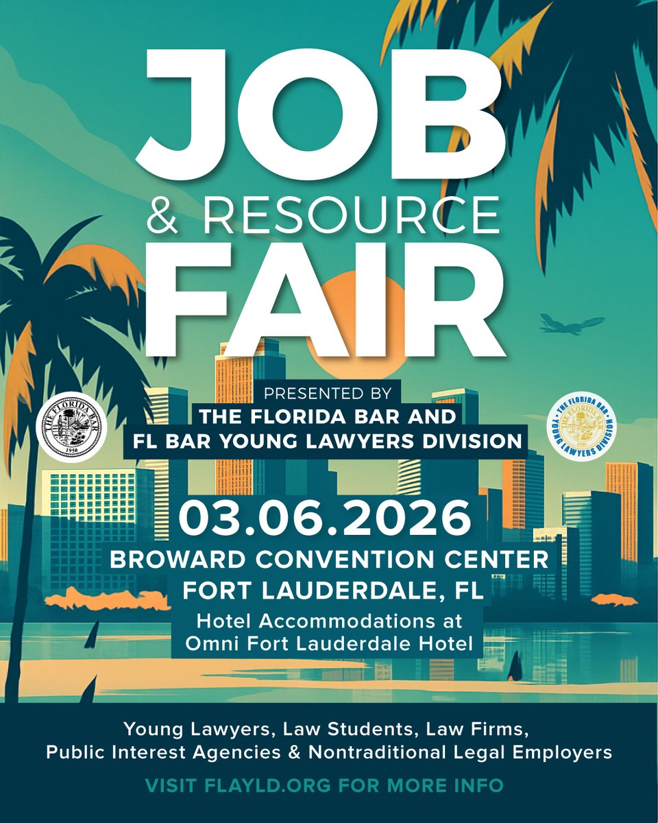 TheFlaBar's tweet image. Join the YLD in March for their first-ever job fair! Registration is now officially open, so get ready to meet top employers, connect with fellow job-seekers, chat with judges and other legal leaders, and more! We can&apos;t wait to see you there! 💼🤝⚖️
floridabar.org/the-florida-ba…