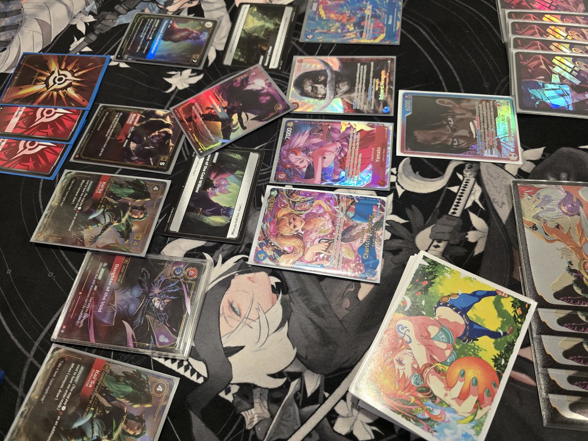 My OPTCG, riftbound, and <a href="/playriftbound/">Riftbound</a> peps am I playing #riftbound right? 🤣 Im kinda liking how every deck has #optcg purple don mechanic 👀 got lucky in picking up my rains and time warp locally 😅op13 and riftbound release jumping my poor wallet 💀