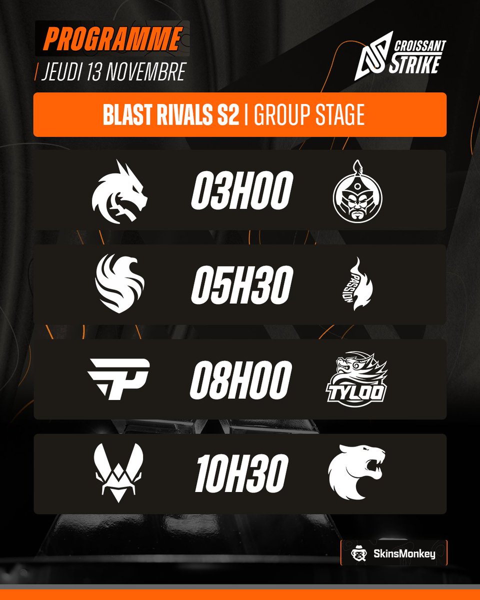 CroissantStrike's tweet image. 🗓️ JOUR 2 DES BLAST RIVALS S2 À 🇭🇰 HONG KONG !

Counter-Strike ne s&apos;arrête jamais et on est donc reparti pour toujours plus de spectacle.
Remake de la finale des IEM 🇨🇳 Chengdu avec un magnifique 🇪🇺 @TeamVitalityCS vs 🇧🇷 FURIA à 10h30. #VITWIN

Reverra-t-on le même vainqueur ? 👀