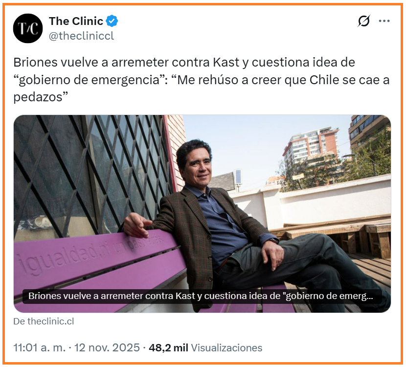 Briones y su fijación mental con Kast.
Critica más a Kast que a Jara.
Chile Vamos capturado por la izquierda.
Cae fácil en la frase que echó a correr la izquierda: "Chile se cae a pedazos", para burlarse de Kast y Kaiser que proponen medidas de emergencia para reactivar a Chile.