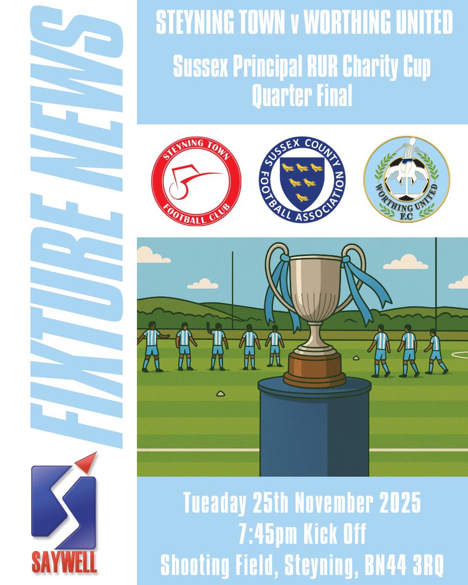 DATE CONFIRMED ⚽️

A date for our <a href="/SussexCountyFA/">Sussex County FA ⚽️</a> RUR Charity Cup quarter final away to <a href="/SteyningTown/">Steyning Town FC ⚽</a> has been confirmed. 

📆 Tuesday 25th November 2025

#Mavericks