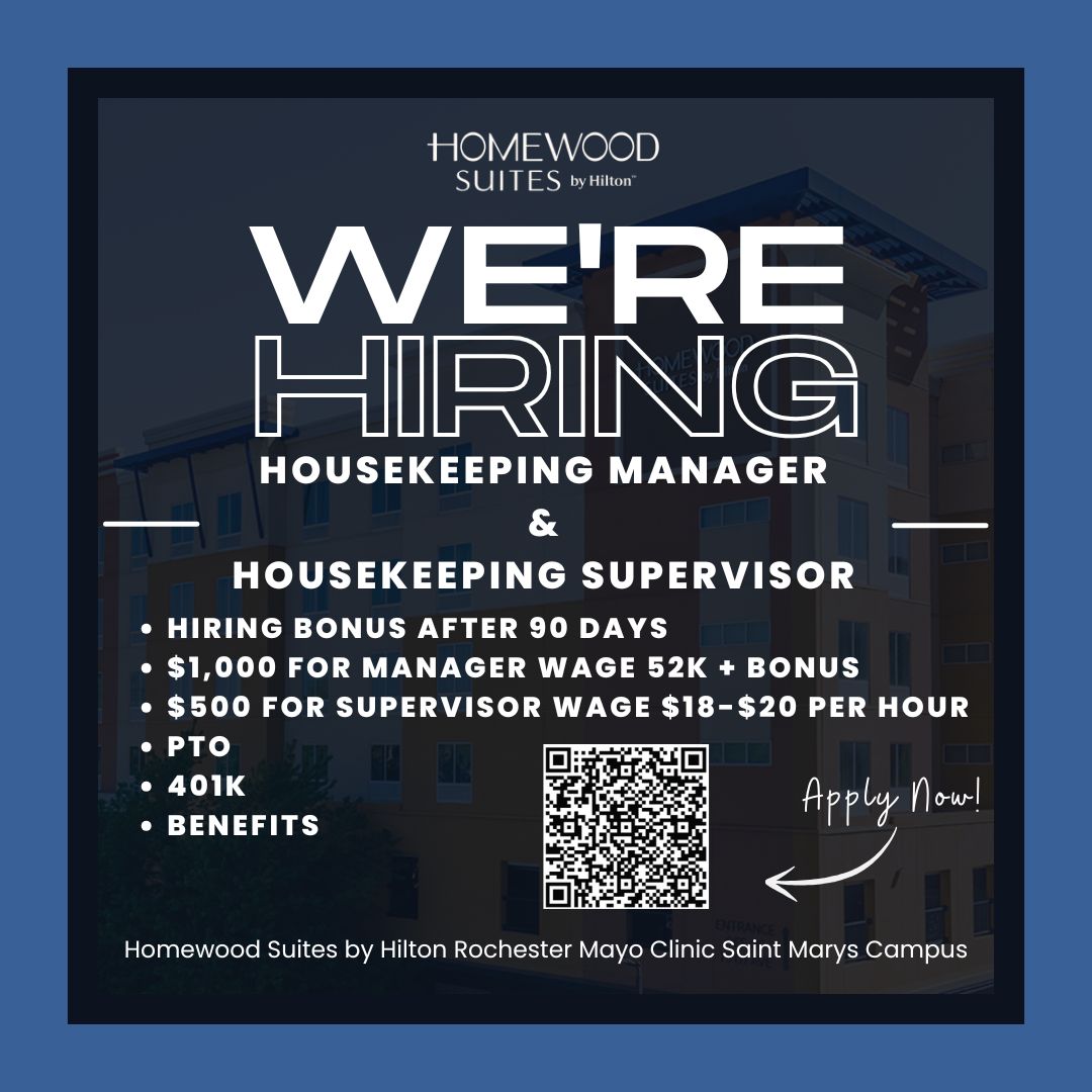 MNPRock's tweet photo. The newly remodeled and Award Winning Homewood Suites by Hilton in Rochester, MN is looking for its next Housekeeping Manager. The hotel boasts a room cleanliness score in the top 4% of the brand. Interested candidates can scan the QR code below to apply today. #ForTheStay https://t.co/kRNJHXwcLb