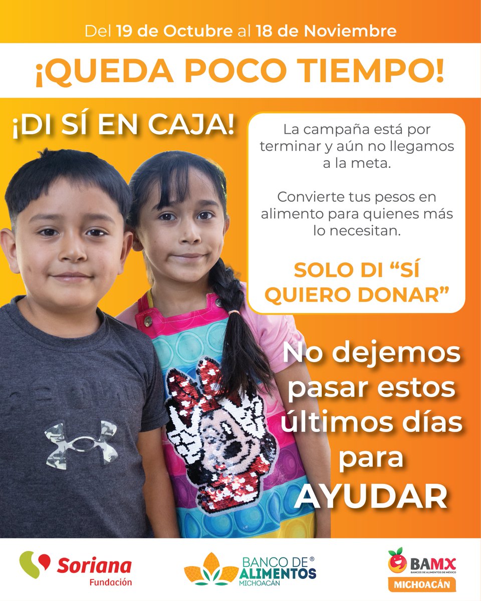 💚 ¡Aún estamos a tiempo de cambiar muchas historias!

Nuestra campaña con <a href="/OrgSoriana/">Organización Soriana</a> está por terminar y todavía necesitamos tu ayuda para alcanzar la meta.

🛒 Al llegar a caja, di “Sí, quiero donar” y forma parte del cambio.

#DonaEnSoriana #BAMXMichoacán #alimentación