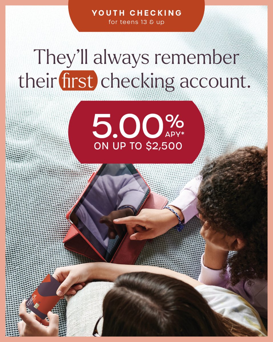 Available for ages 13 and up, Corda's Youth Checking accounts gives teens real-world experience with managing money. Youth Checking comes with an impressive rate and all the essentials of a first checking account. *Learn more at CordaCU.org/youth-checking.

Insured by NCUA.