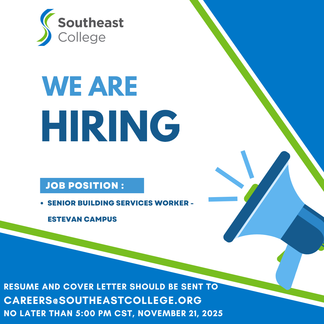 Southeast College is recruiting for a Senior Building Services Worker for our Estevan Campus - see more details on our Careers page - southeastcollege.org/the-college/ca…