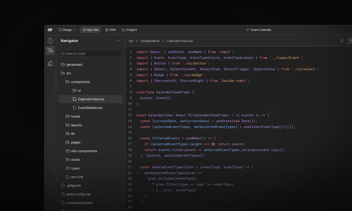 webflow's tweet image. ICYMI, today we launched Webflow App Gen — build full-stack web apps natively in Webflow with the help of AI. 

No setup, no boilerplate. Just your idea → your app.