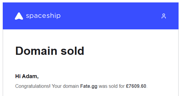 synozeer's tweet photo. Sold @spaceship via reg path (comes out to $9,995 after pounds to USD conversion). Hold time was just under 2 years.

Seven of my last ten sales have all been non-.coms. And after not selling any .gg domains since 2021 I've suddenly sold 3 in the past month and a half. https://t.co/EU0nL7b7Gf