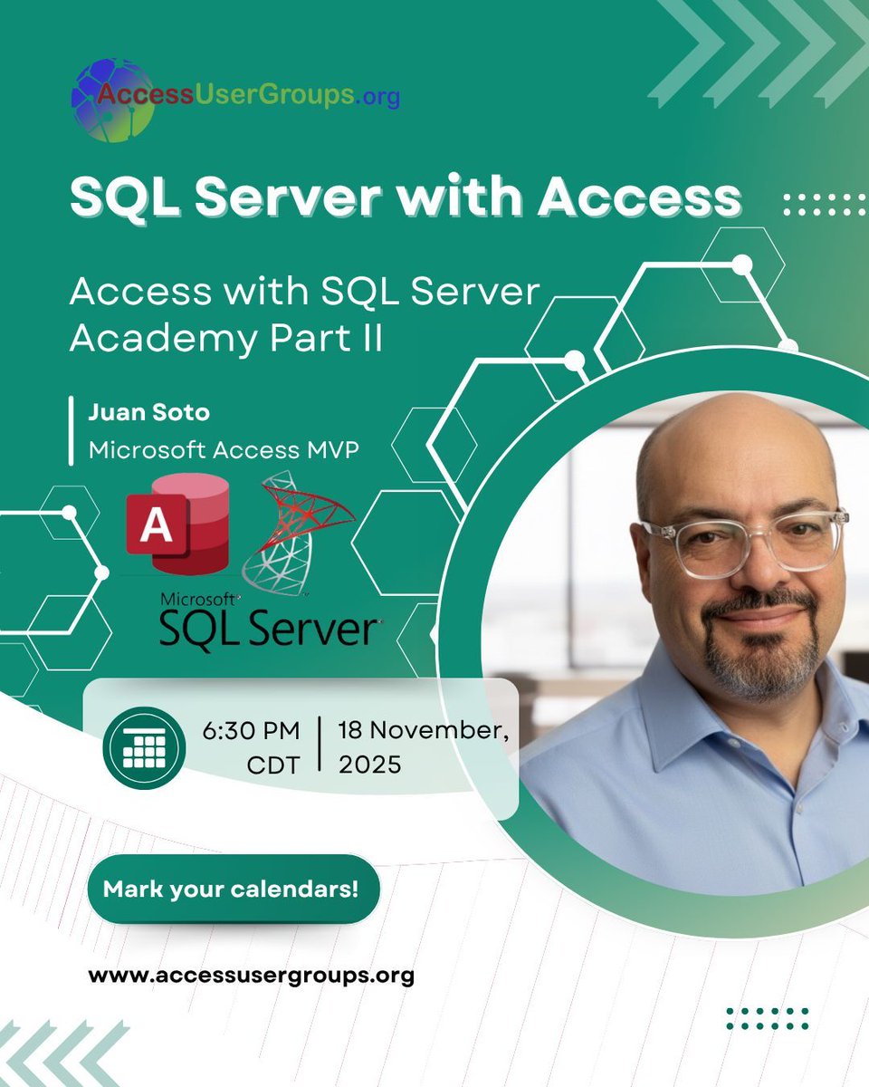 jsoto22's tweet image. 🚨 Schedule Update: No session on Nov 11!
Join us Tuesday, Nov 18 for Access Academy: SQL Server Migration (Part 2) with 14x Access MVP Juan Soto.

💻 Live, 1-hour interactive session — migrate your Access DB to SQL Server.

🔗 Save your spot: accessusergroups.org/calendar/secon…