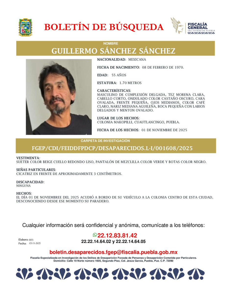 jaaquemat's tweet photo. #SeBusca Ayúdanos a localizar a guillermo Sánchez Sánchez de 55 años de edad, fue visto por última vez el pasado 01 de noviembre en la colonia makopilli, #Cuautlancingo https://t.co/5LN7XUSUGs