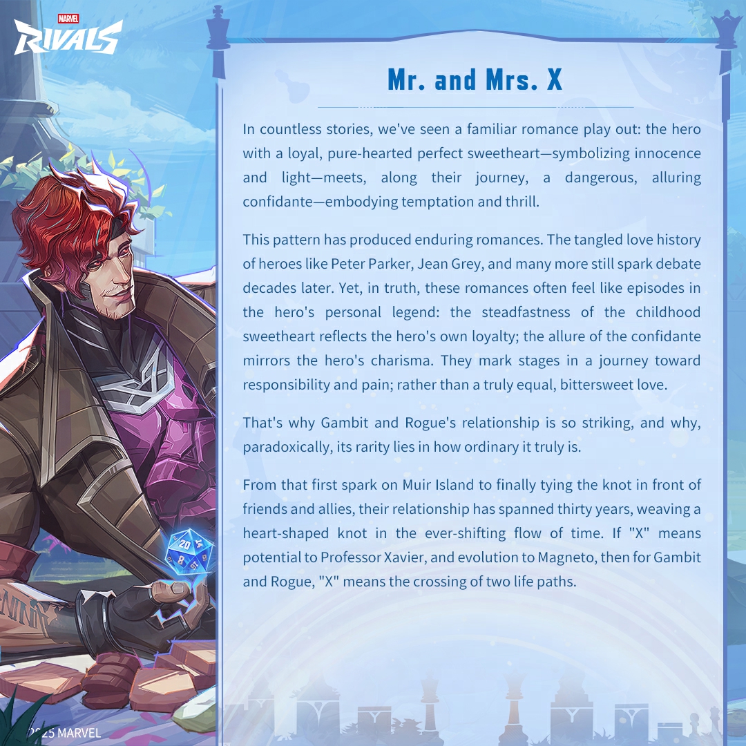 MarvelRivals's tweet image. We're so fortunate that we get to celebrate our upcoming 1-year anniversary with you all, perfectly timed for you all to witness the eternal love story between Gambit and Rogue.

They were both welcomed into the X-Men for their good hearts, and we're thrilled to welcome them to…