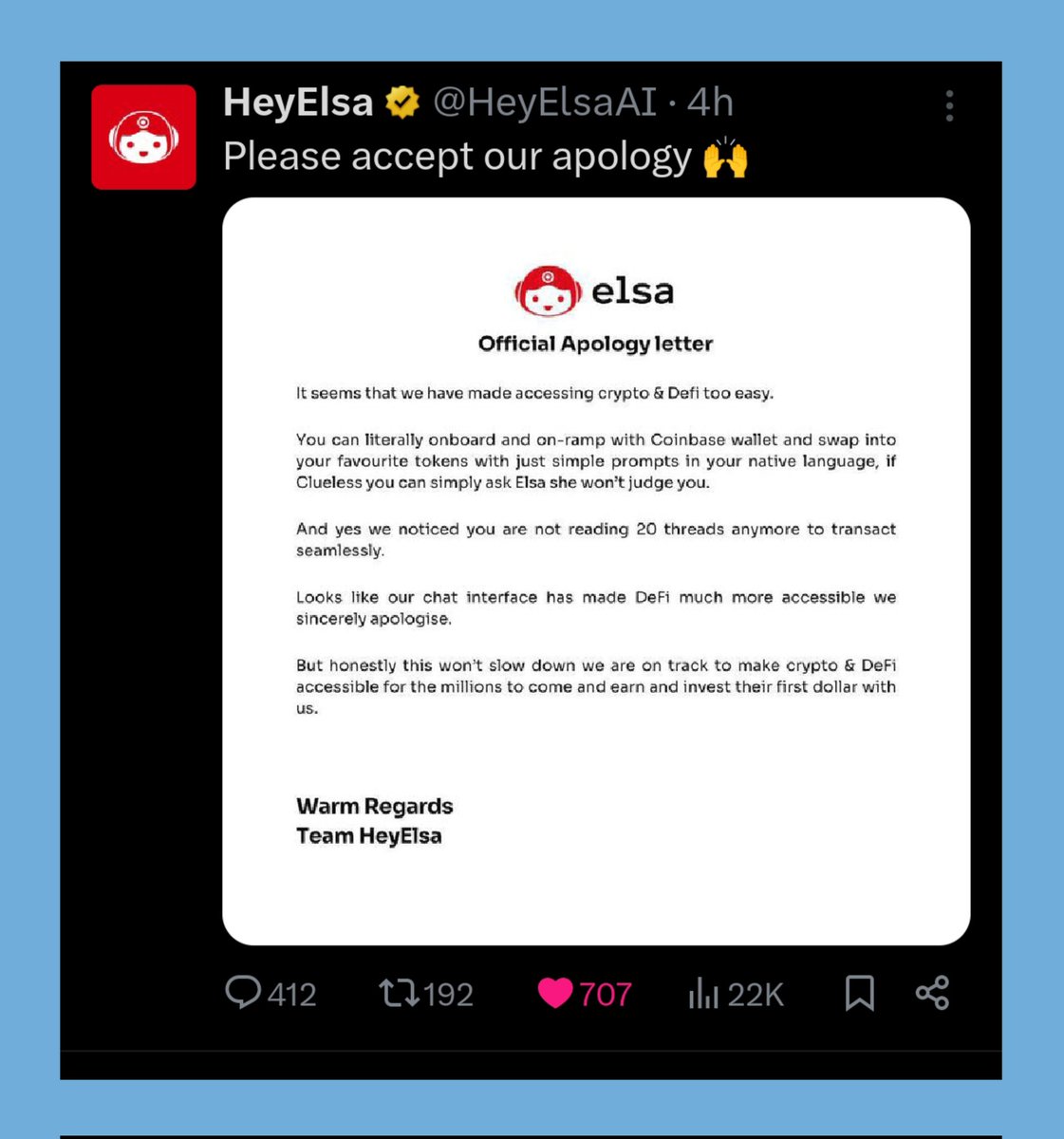 ~I just caught <a href="/HeyElsaAI/">HeyElsa</a> team’s viral “apology letter” where they joked about making DeFi as easy as ordering takeout. 

Guilty as charged 😂

Onboarding with Coinbase Wallet in your language. Swapping tokens with a one‑line prompt. 

Real‑time feedback: “Elsa, judge this trade,