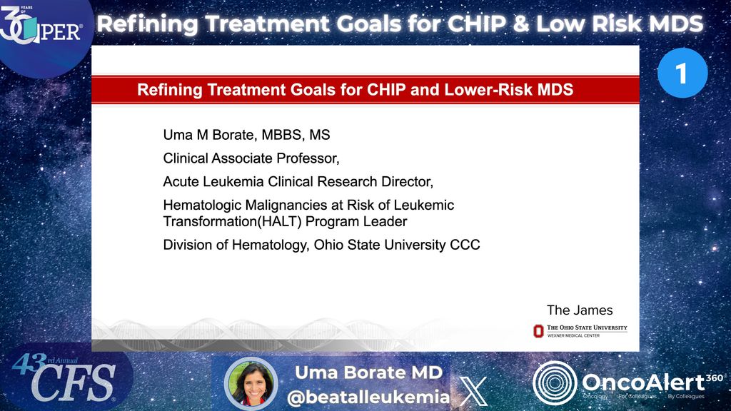 OncoAlert's tweet photo. Day One of #CFS25 π¨
Should we treat Clonal Hematopoiesis (CH)? Dr. Uma Borate explores refining treatment goals for CHIP and Lower-Risk MDS, noting that CH mutations offer a potential 'window for early intervention' before progression to AML. #MDS #CHIP #Leukemia #Hematology
Register FOR FREE π (USE CODE: ONCOALERT ) https://t.co/4uO8zj3ICe
@benlevylungdoc
@AjaiChari
@YJanjigianMD
@oreganruth
@NAbuhadra
@BiranNoa
@beatalleukemia
@AndreaCercek
@AmyDeZern
@alexdrilon
@CathyEngMD
@shilpaonc
@jhaveri_komal
@anantm
@JunMaoMD
@LNastoupilMD
@IvyLorena_Md
@charlesrudin
@sands_jacob
@drteplinsky
@AnnaWeissMD
@VincentWenxinXu
@RonaYaeger
@gotoPER