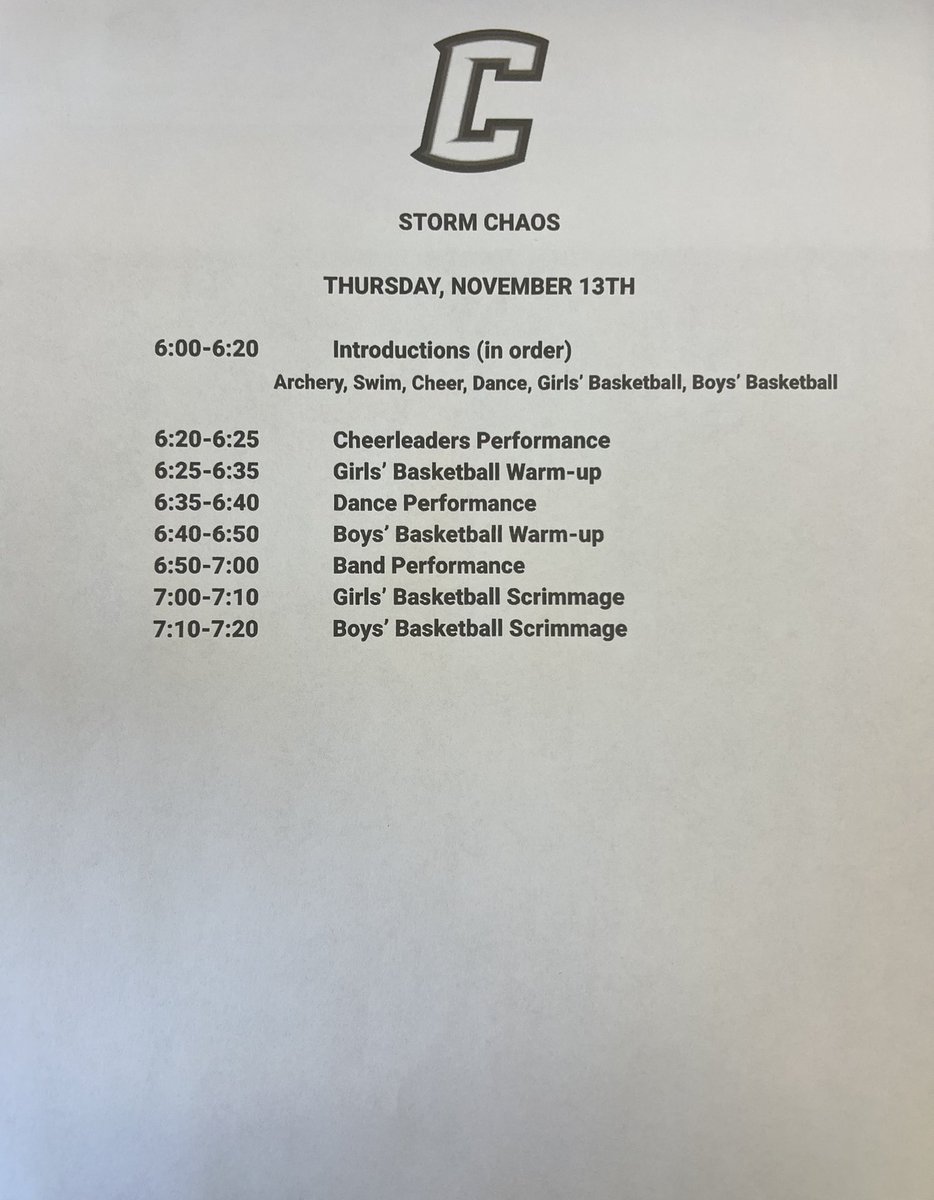 Winter Storm Chaos is tomorrow night! (Thursday, November 13th) ⚡️

Come out and meet our great student athletes and watch some great performances and scrimmages

There will be no fee charged at the gate. We ask that fans bring canned food items for donation to a local food bank.