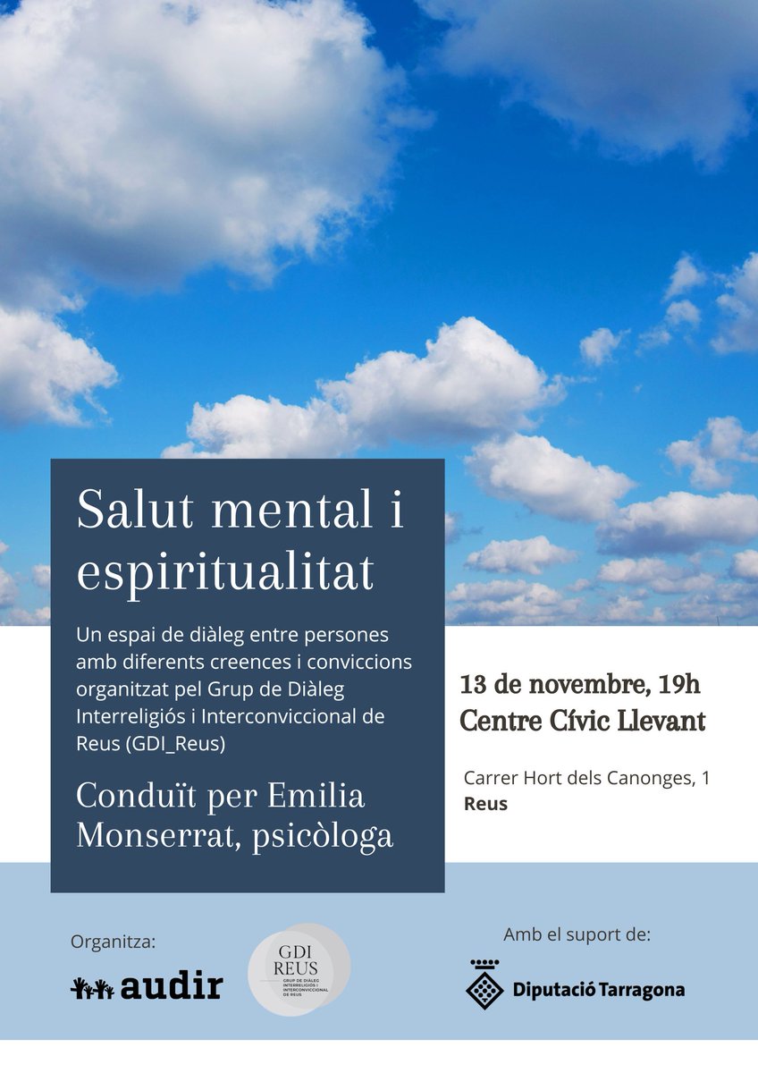 Salut mental i espiritualitat

Us convidem a participar en aquest espai de diàleg  obert que conduirà la psicòloga Emilia Montserrat

🗓️divendres, 13 de novembre
🕖19 h
📍Centre Cívic Llevant (Reus)

Organitza @_audir
Amb el suport de <a href="/Dipta_cat/">Diputació de Tarragona</a>